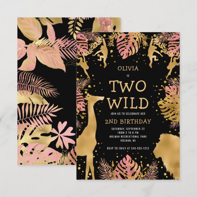 Girls Two Wild 2nd Birthday Pink Black Safari Invitation (Front/Back)