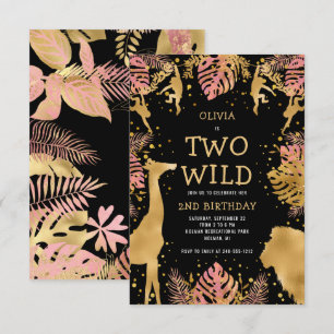 Girls Two Wild 2nd Birthday Pink Black Safari Invitation