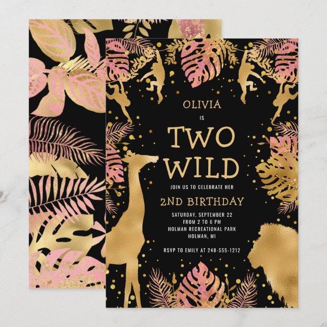 Girls Two Wild 2nd Birthday Pink Black Safari Invitation (Front/Back)