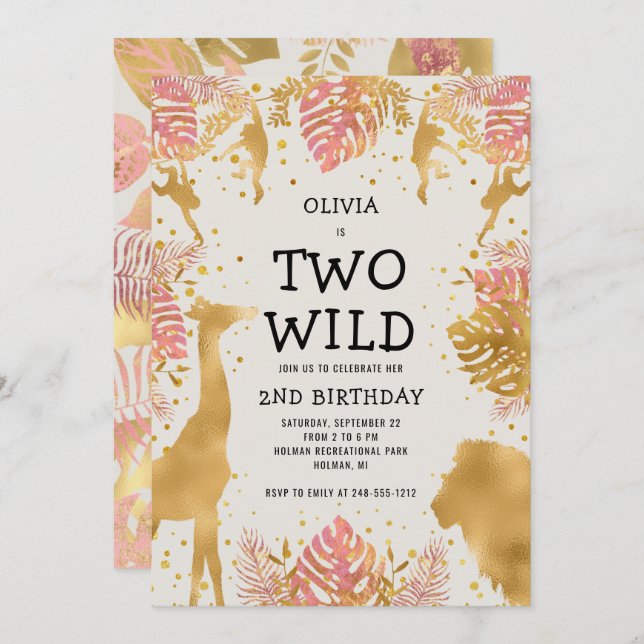 Girls Two Wild 2nd Birthday Pink Ecru Safari Invitation (Front/Back)