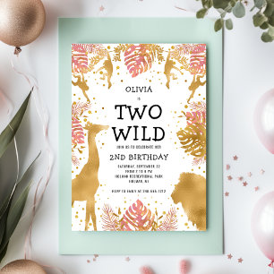 Girls Two Wild 2nd Birthday Pink Gold Safari Invitation