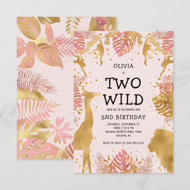 Girls Two Wild 2nd Birthday Pink Jungle Safari Invitation (Front/Back)