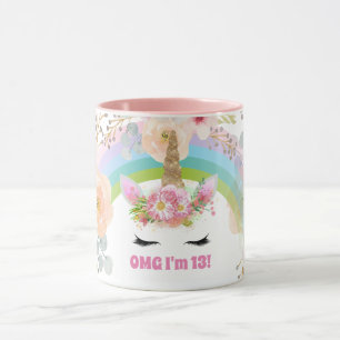 Girls UNICORN 13th Birthday Mug Customisable Pink