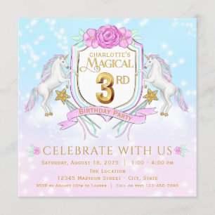 Girls Unicorn 3rd Birthday Party Invitations