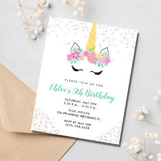 Girl's Unicorn 5th Birthday Party Invitation
