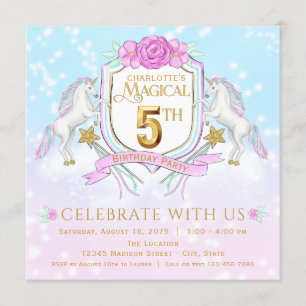 Girls Unicorn 5th Birthday Party Invitations