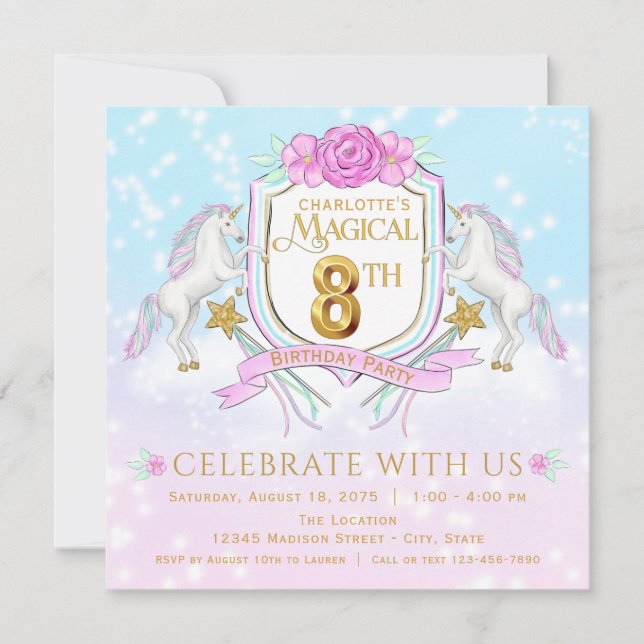 Girls Unicorn 8th Birthday Party Invitations (Front)