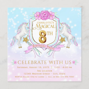 Girls Unicorn 8th Birthday Party Invitations