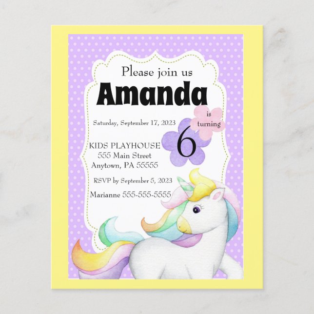 Girls Unicorn Birthday Invitation (Front)