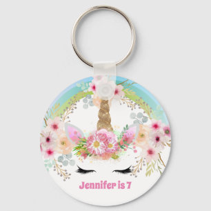Girls UNICORN Birthday Keychain Face Pink Flowers