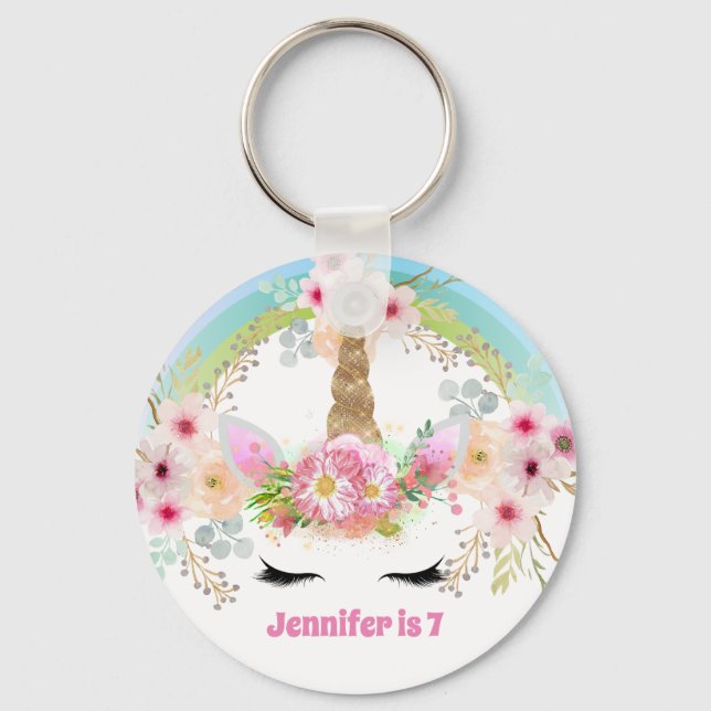 Girls UNICORN Birthday Keychain Face Pink Flowers (Front)