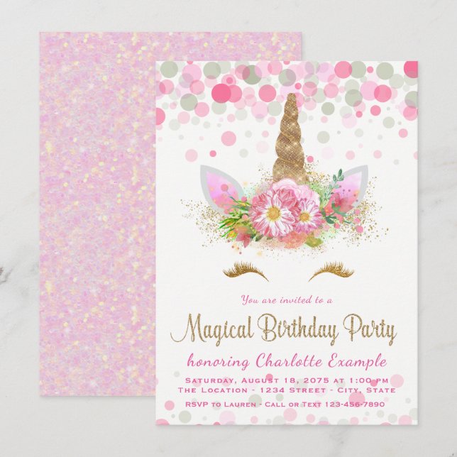 Girls Unicorn Face Birthday Party Invitations (Front/Back)