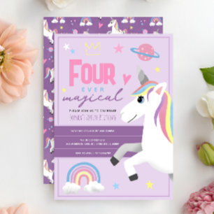Girls Unicorn Four Ever Magical 4th Birthday Invitation