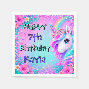 Girls Unicorn Happy Birthday Purple Rainbow Party Napkin