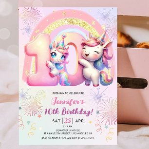 Girls Unicorn Magical Rainbow 10th Birthday Party Invitation