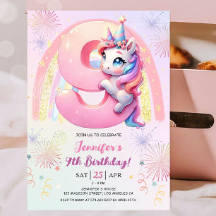 Girls Unicorn Magical Rainbow 9th Birthday Party Invitation
