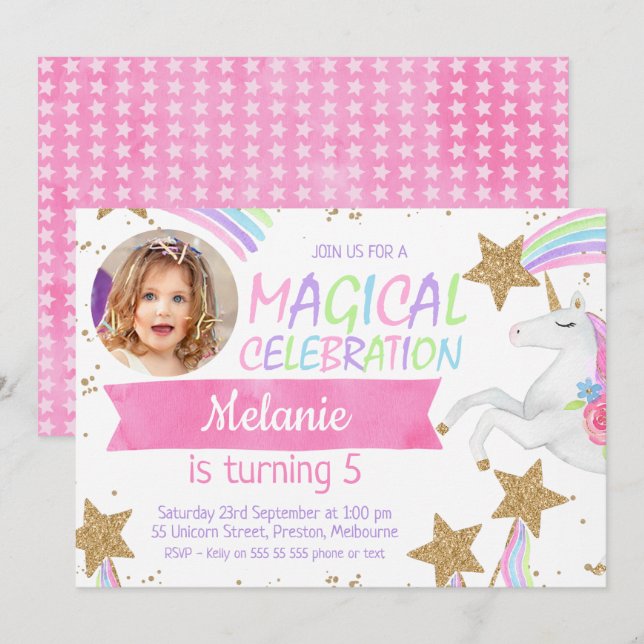 Girls Unicorn Photo Birthday Invitation (Front/Back)