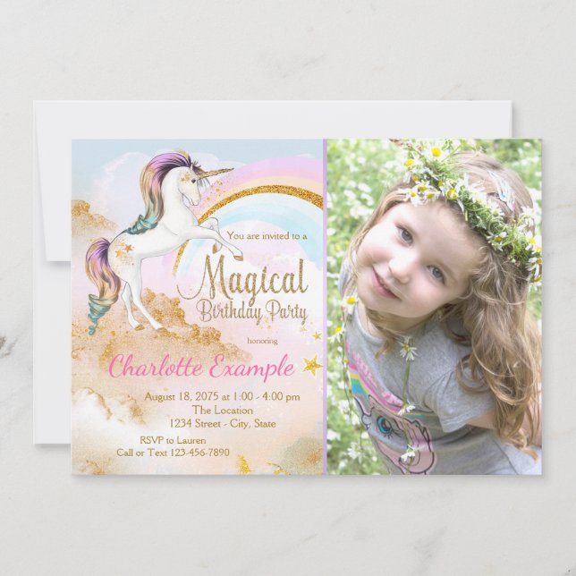 Girls Unicorn Photo Birthday Party Invitations (Front)