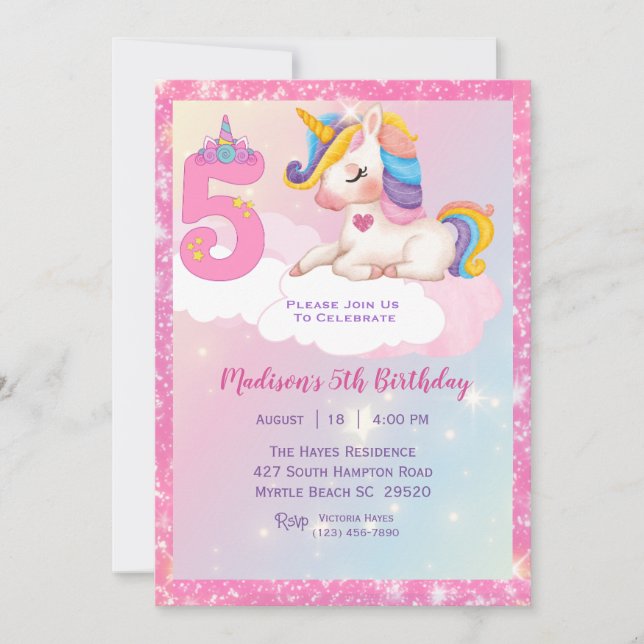 Girls Unicorn Rainbow Glitter 5th Birthday Party   Invitation (Front)