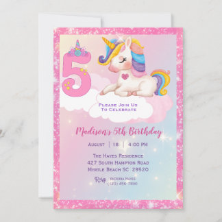 Girls Unicorn Rainbow Glitter 5th Birthday Party Invitation