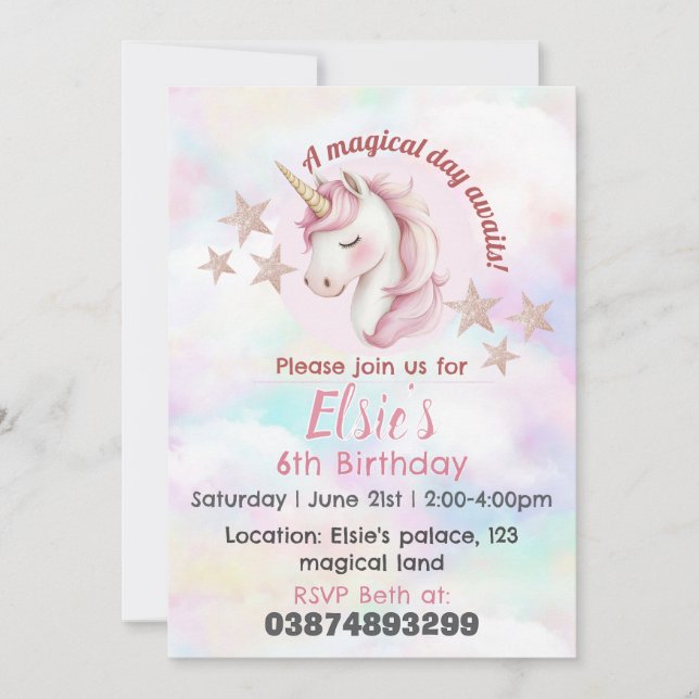 Girls unicorn theme birthday invitation (Front)