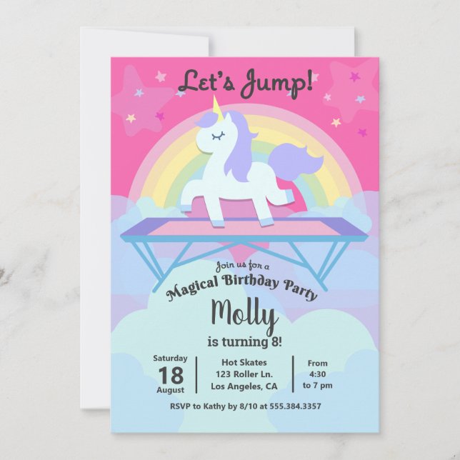 Girl's Unicorn Trampoline Jump Birthday Party Invitation (Front)