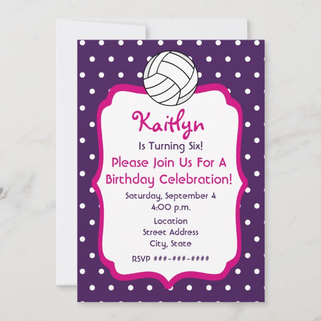 Girls Volleyball Birthday Invite- Purple With Pink Invitation (Front)
