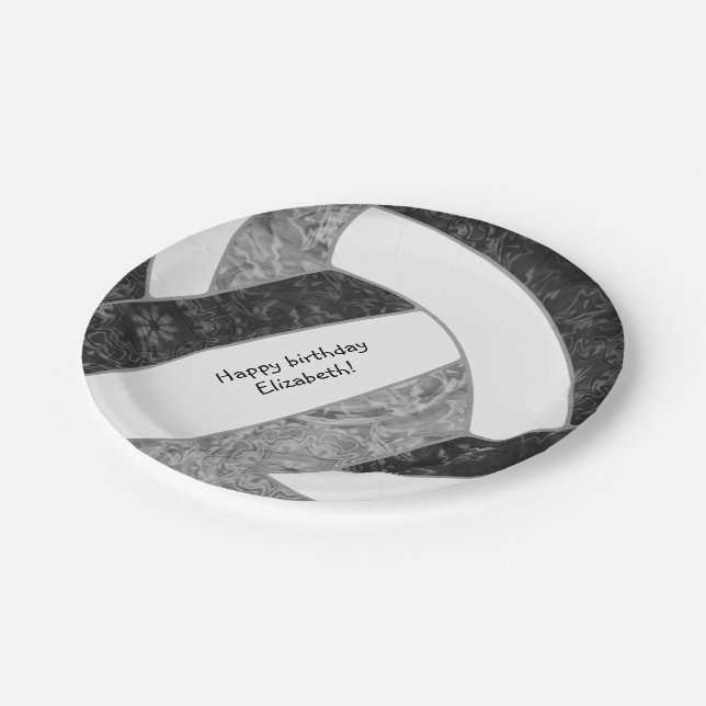 girl's volleyball birthday party black grey paper plate (Angled)