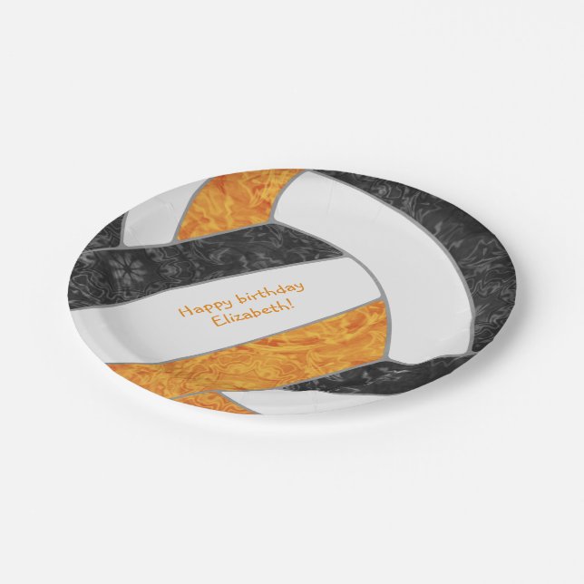 girl's volleyball birthday party black orange paper plate (Angled)