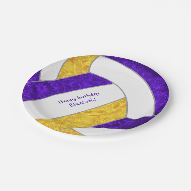 girl's volleyball birthday party purple gold paper plate (Angled)