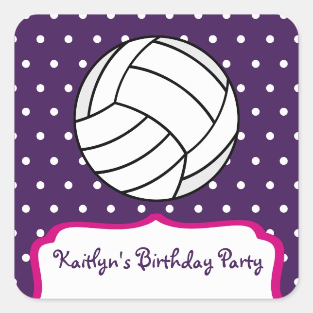 Girl's Volleyball Birthday Party - Purple W Pink Square Sticker (Front)