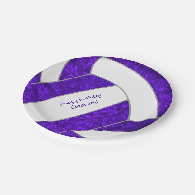 girl's volleyball birthday party purple white paper plate (Angled)