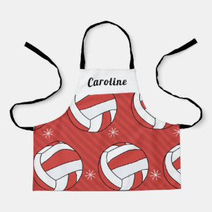 Girls Volleyball Red Ball & Snow Festive Name Cute Apron