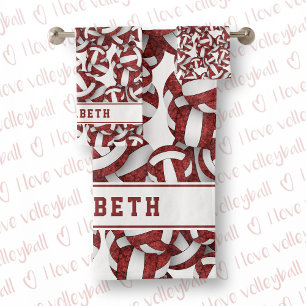 Girls volleyballs pattern personalised maroon bath towel set