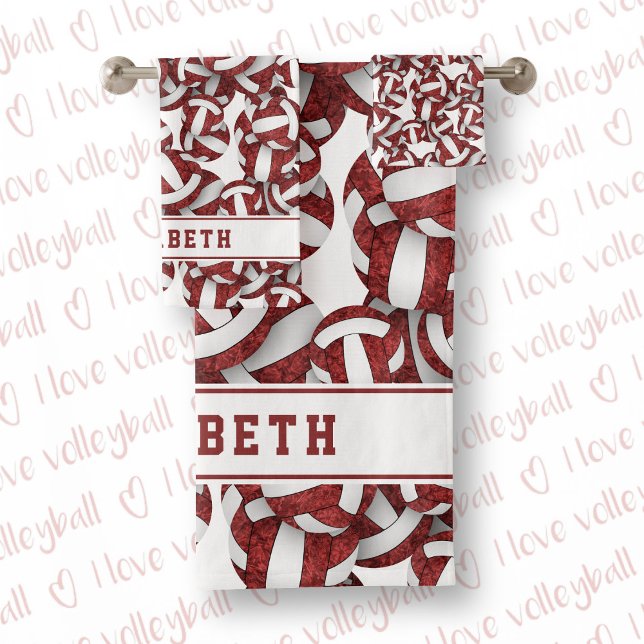 Girls volleyballs pattern personalised maroon bath towel set (Creator Uploaded)