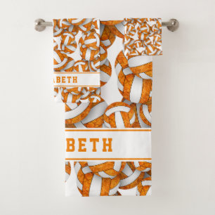 Girls volleyballs pattern personalised orange bath towel set