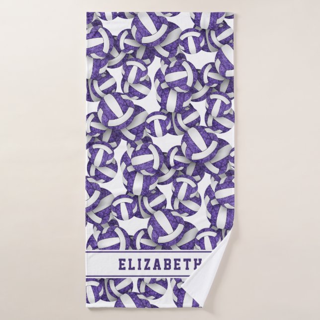 Girls volleyballs pattern personalised purple bath towel set (Bath Towel)