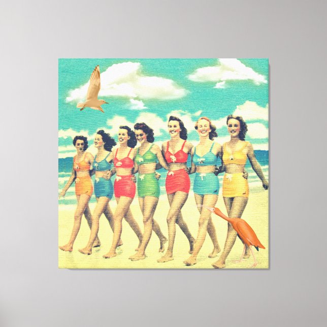 Girls Walking Beach Retro Collage Canvas Print (Front)