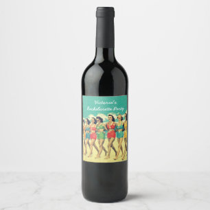 Girls walking down the beach retro wine label