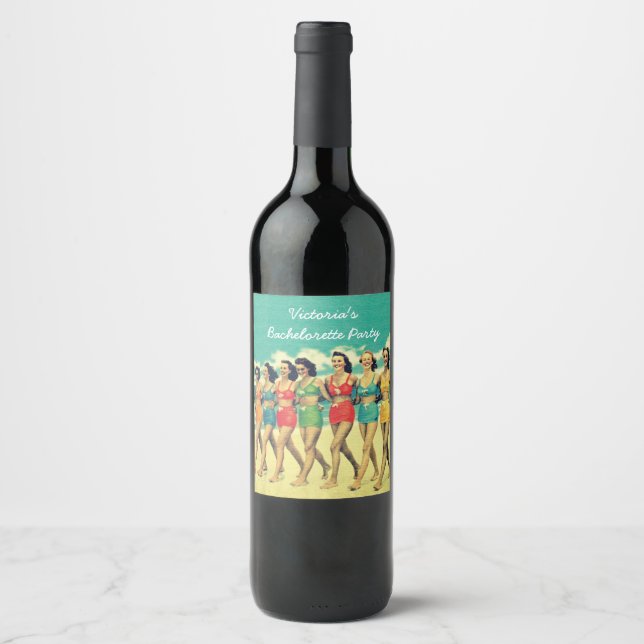 Girls walking down the beach retro wine label (Front)