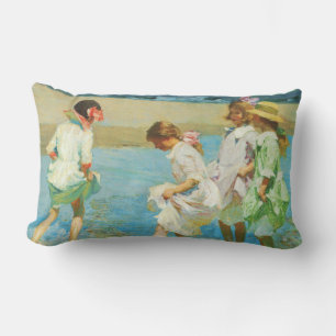 Girls Walking in Water at the Seaside Lumbar Cushion