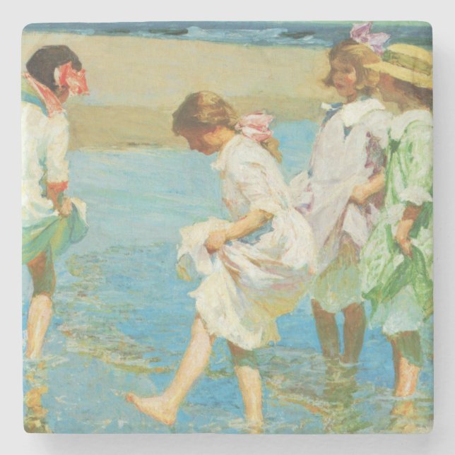 Girls Walking in Water at the Seaside Stone Coaster (Front)