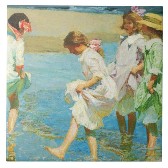 Girls Walking in Water at the Seaside Tile (Front)