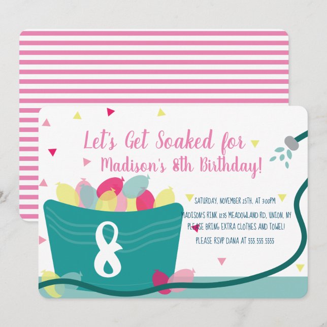 Girls Water Balloon Fight Birthday Pink Invitation (Front/Back)