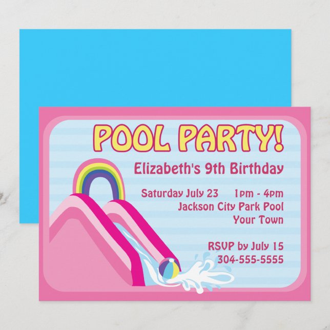 Girls Water Slide Birthday Invitation (Front/Back)