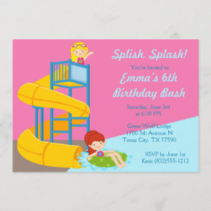 Girls Water Slide Birthday - Water Park Pool Party Invitation