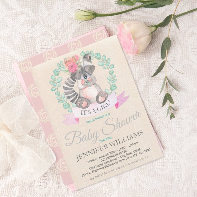 Girls Watercolor Baby Raccoon Baby Shower Invitation (Creator Uploaded)
