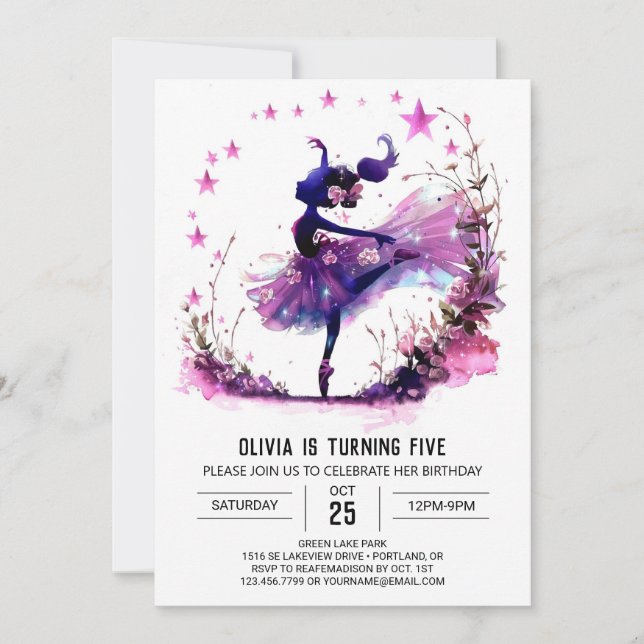 Girl's Watercolor Ballerina Birthday Invitation (Front)