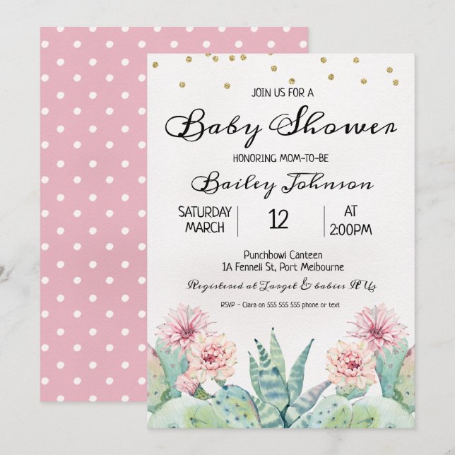 Girls Watercolor Cactus Baby Shower Invitation (Front/Back)
