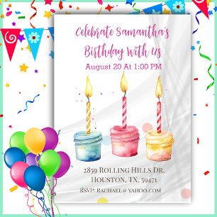 Girls Watercolor Cup Cakes Birthday Invitation
